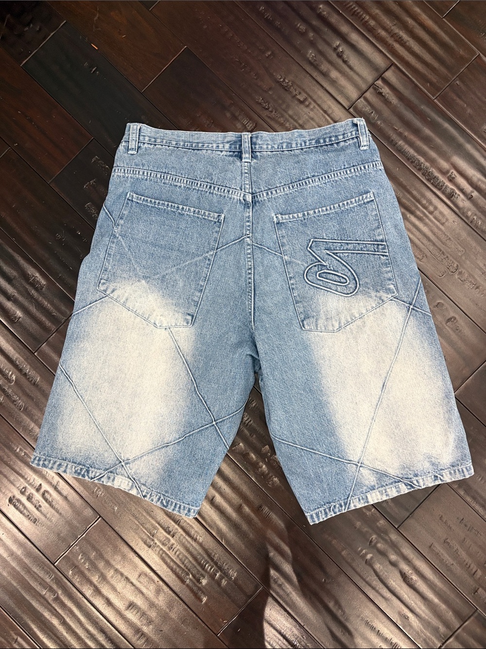 Men's Washed Light Blue Denim Jean Shorts with Panel Stitching - Picture 3 of 3